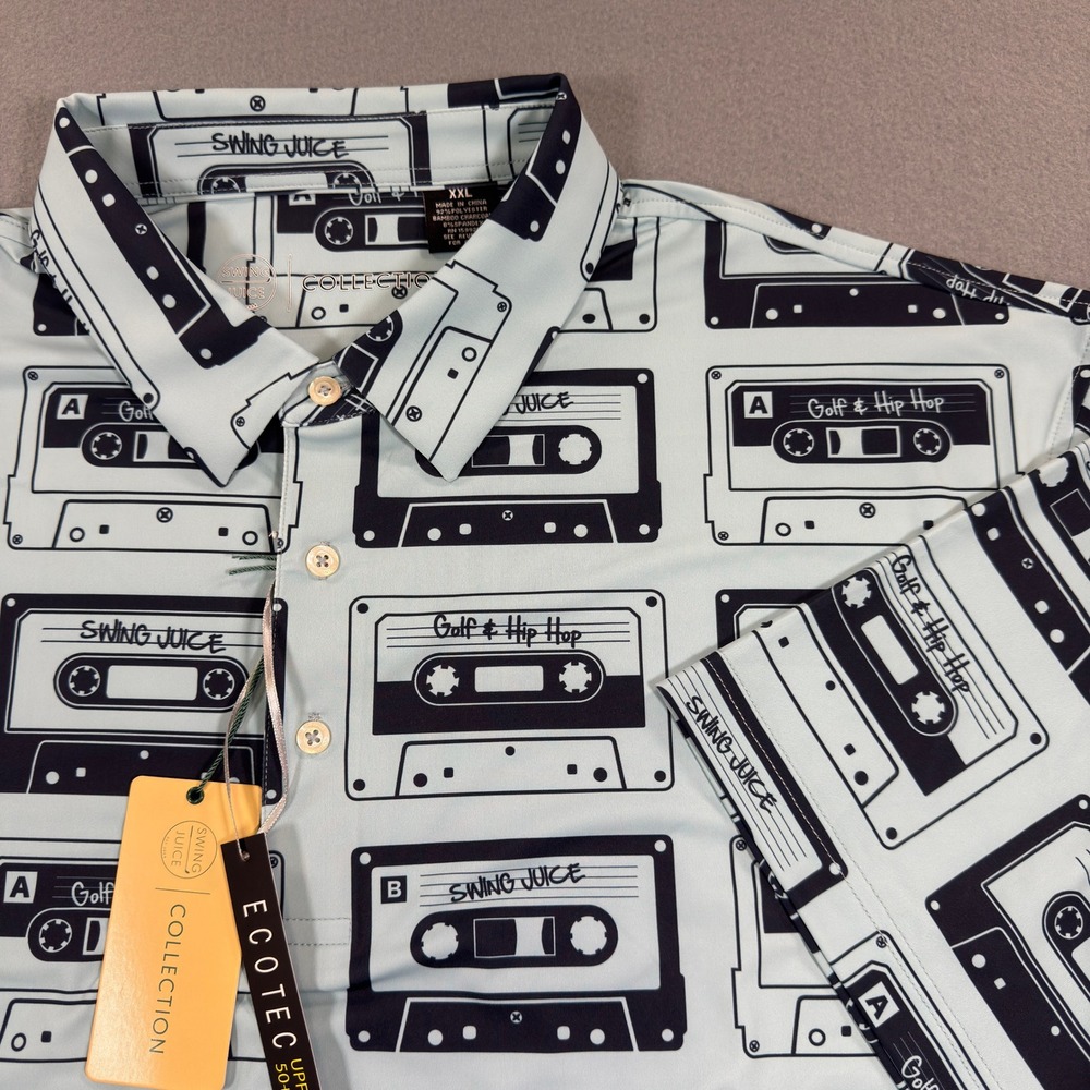 NWT Swing Juice Golf & Hip Hop Cassette Tape Polo Shirt Blue XXL Ecotec UPF 50+